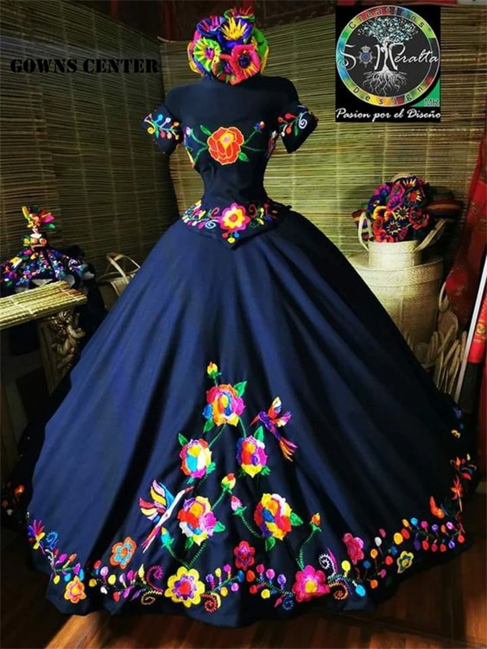 Vintage Satin Off The Shoulder Mexican Navy Blue Quinceanera Dresses Ball Gown Lace Up Bow Flowers Princess Sweet 15 16 Dress 1