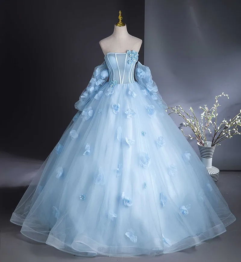 Light Blue Detachable Long Sleeve Qinceanera Dress Satin Strapless Sweet Ball Gown Quinceanera Dresses Party Prom Dresses 1