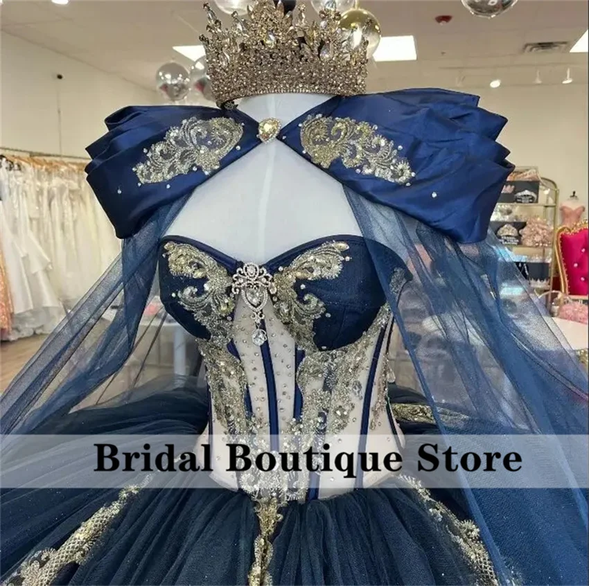 Navy Blue Quinceanera Dress Sweet 16 Dress Wit Cape Sequins Appliques Crystals Beads Vestidos De 15 Años Ball Gown 1