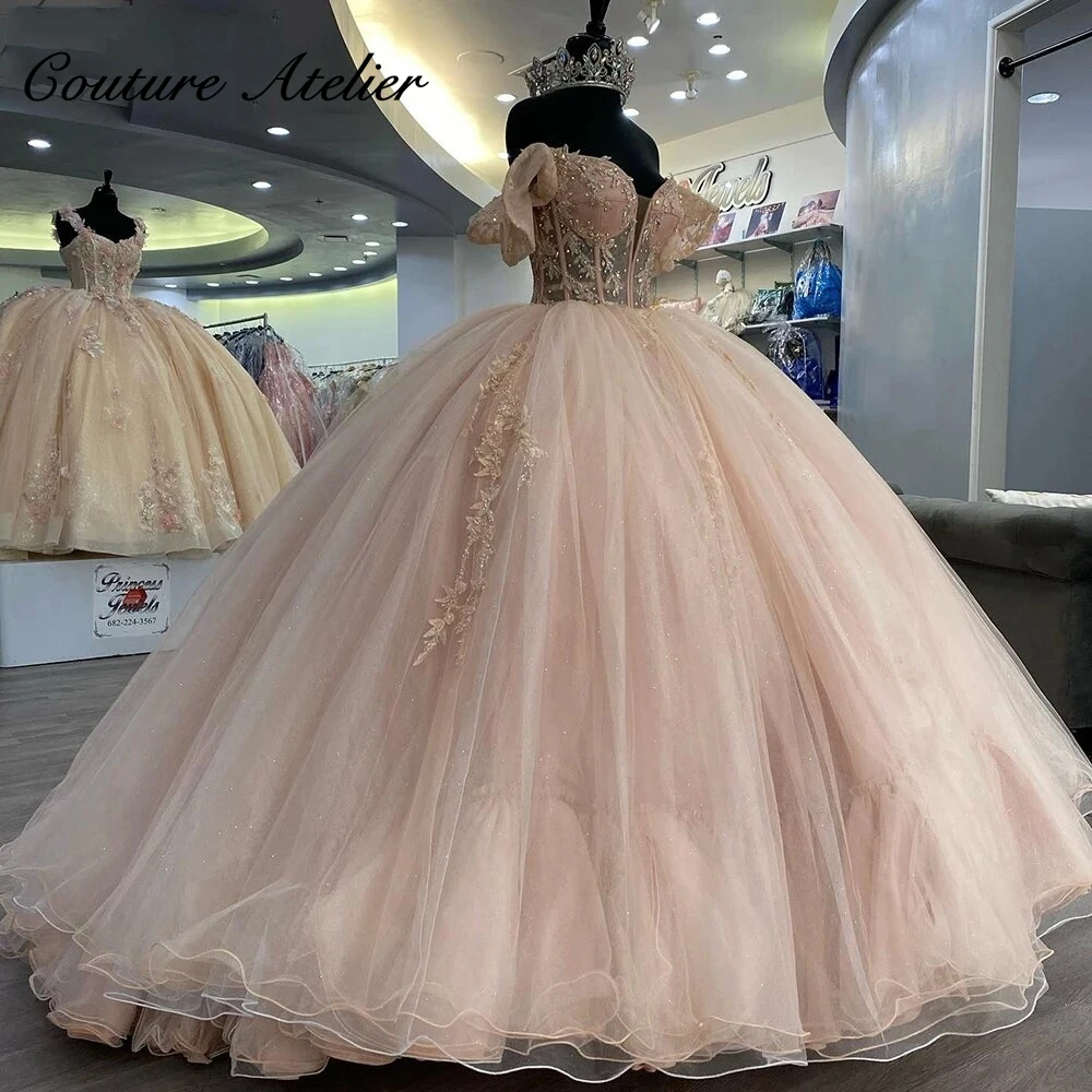 Princess Blush Pink Lace Applique Off The Shoulder Quinceanera Dresses Ball Gown 2024 Sweetheart Sweet 16 Dresses Wedding Gown 1