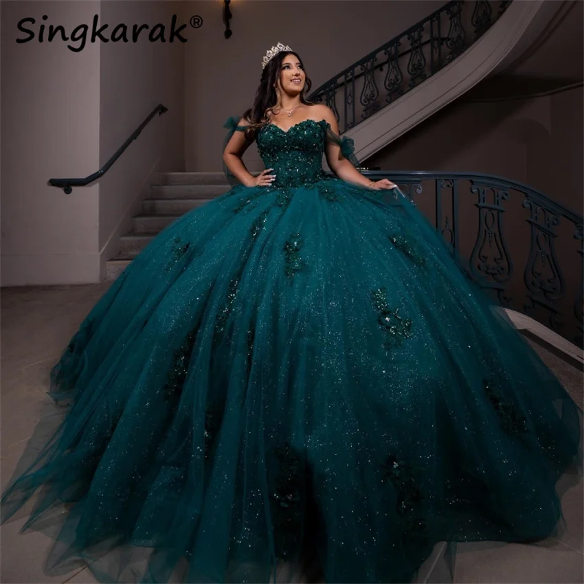 Luxury Emerald Green Quinceanera Dresses Lace Flowers Applique Beaded Birthday Vestido De 15 Anos Lace-Up Ball Gown 1