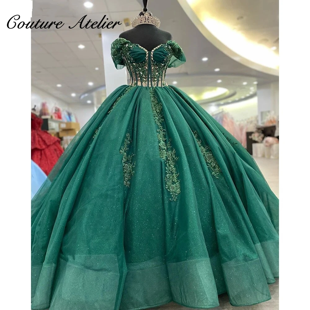 Hauter Green Off The Shoulder Mexican Quinceanera Dresses Ball Gown 2024 Princess Sweet 16 Dresses Lace Applique Wedding Gown 1