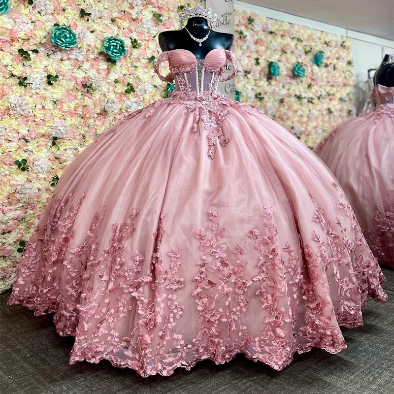 Pink Shiny Sweetheart Quinceanera Dress Off Shoulder Sequined Lace Bow Beads Sweep Train Sweet 15 Years Robes De Soiree 1