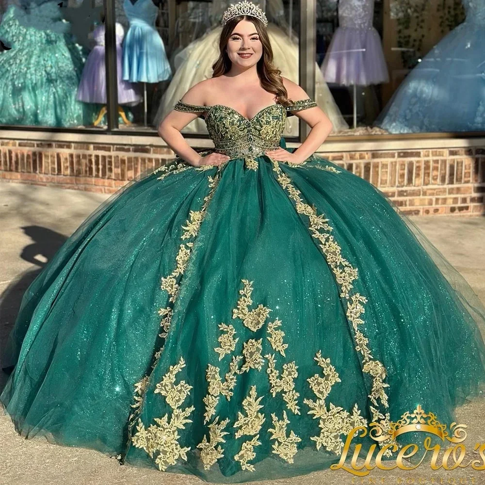 Emerald Green Quinceanera Dress Ball Gown Gold Lace Applique Beading Tiered With Bow Sweet 16 Vestidos De XV 15 Anos 1