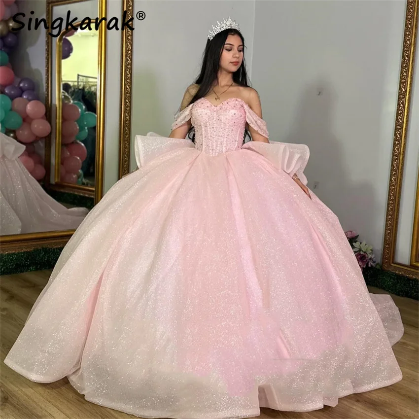 Glitter Pink Princess Quinceanera Dress Off Shoulder Crystals Pearls Beads Tull Sweet 16 Vestidos Ball Gown 15th Birthday 1