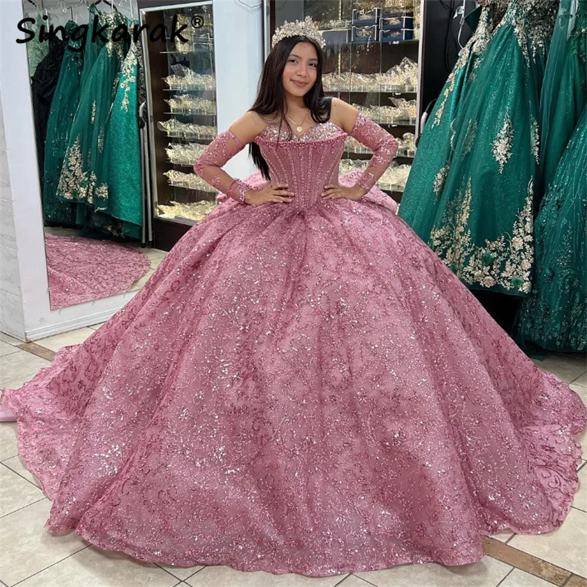 Pink Shiny Sweetheart Beaded Quinceanera Dress Two Gloves Princess Crystals Corset Dresses Appliques Beads Ball Gown 1