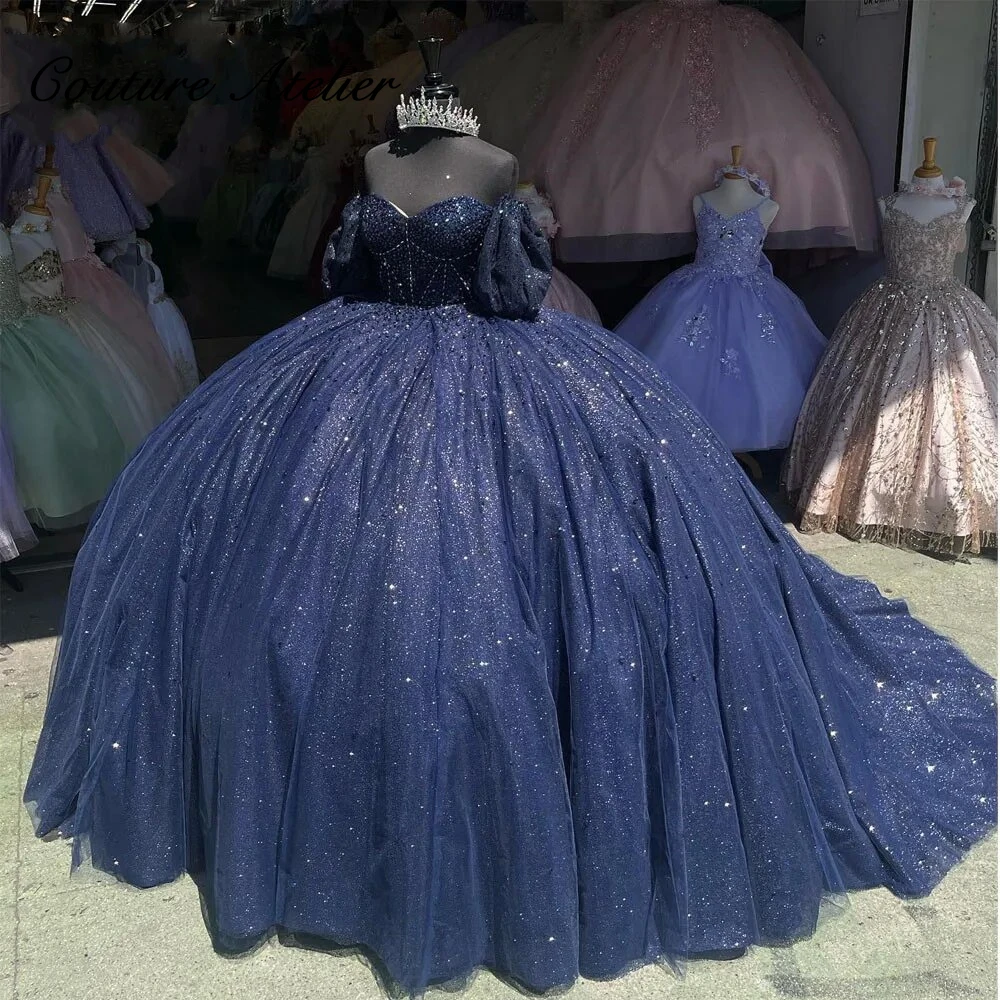 Sparkly Puff Off The Shoulder Navy Quinceanera Dresses Ball Gown 2024 Beaded Sweetheart Sweet 15 16 Dresses Wedding Gown vestido 1