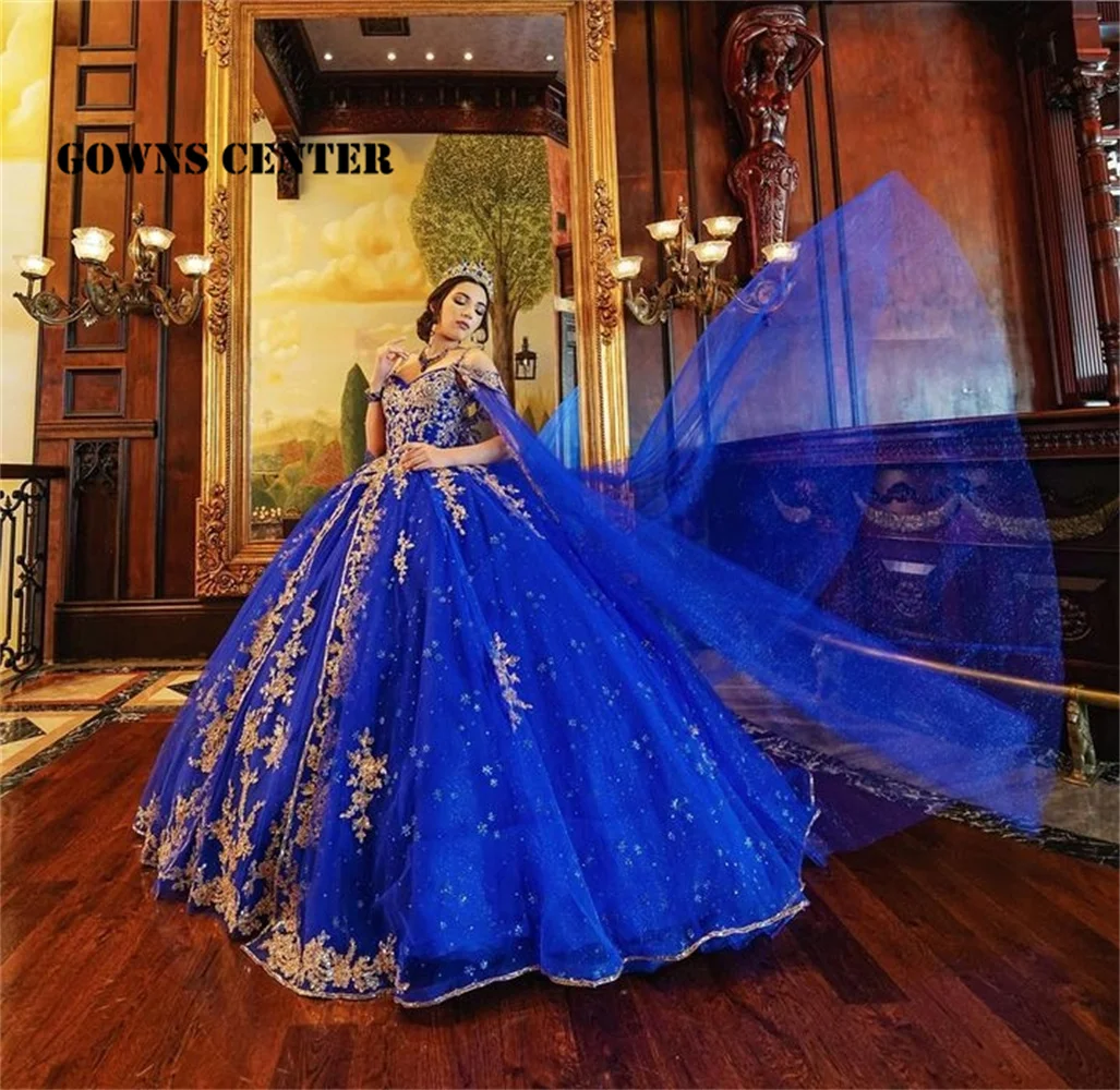 New In Royal Blue Light Gold Lace Appliques Spaghetti Quinceanera Dresses For Girl With Cape Ball Gown Dress For Sweet 15 16 1