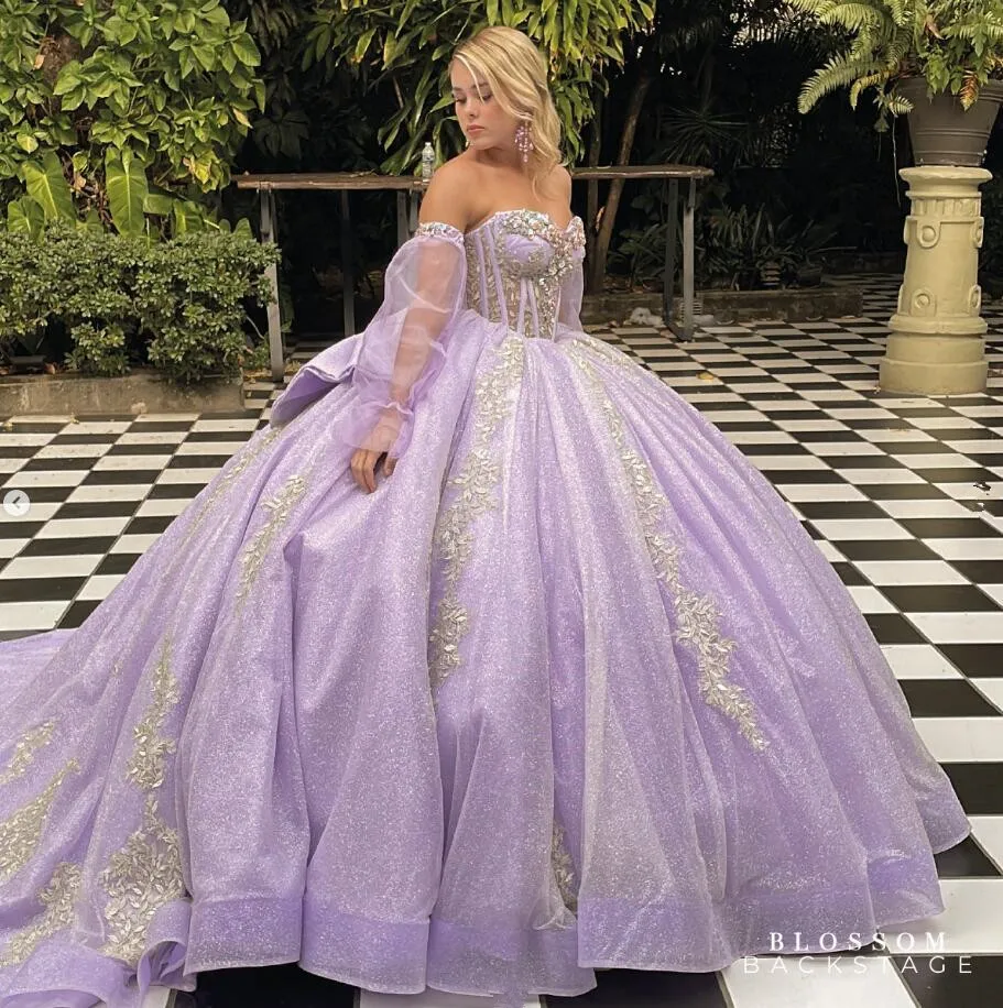 Lilac Lavender Princess Quinceanera Dresses with Long Sleeve Gillter Crystal Corset Lace-up vestidos de 15 años Prom Sweet 16 1