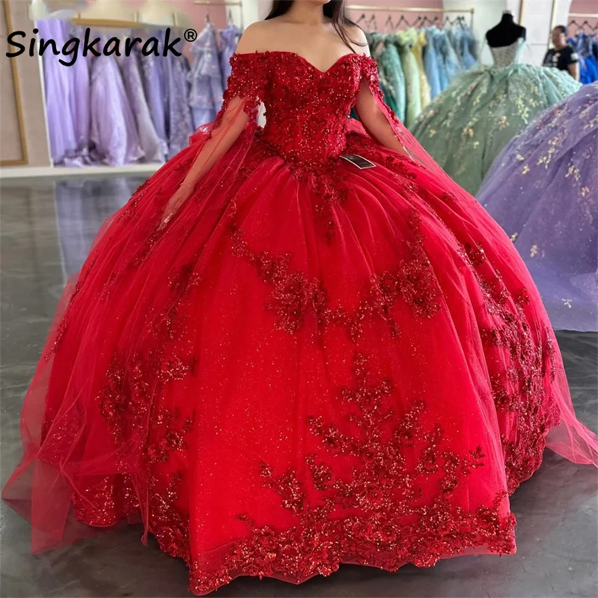 Sweet 16 Red Princess Quinceanera Dress Off Shoulder Flower Applique Beading Ball Gown Vestidos De 15 Anos Lace-Up 1