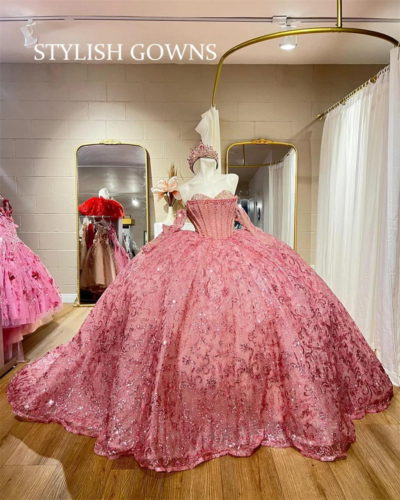 Mexico Pink Sweetheart Quinceanera Dress Beaded Sequined Princess Ball Gown for Sweet 16 Tiered Birthday Party Robe De Bal 1