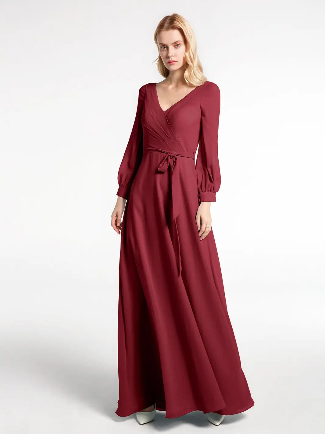 V-Neck Bishop Sleeves Chiffon Mother of the Bride Dresses With Bow Long Sleeves Wedding Party Dress Evening Gown Big Size 1