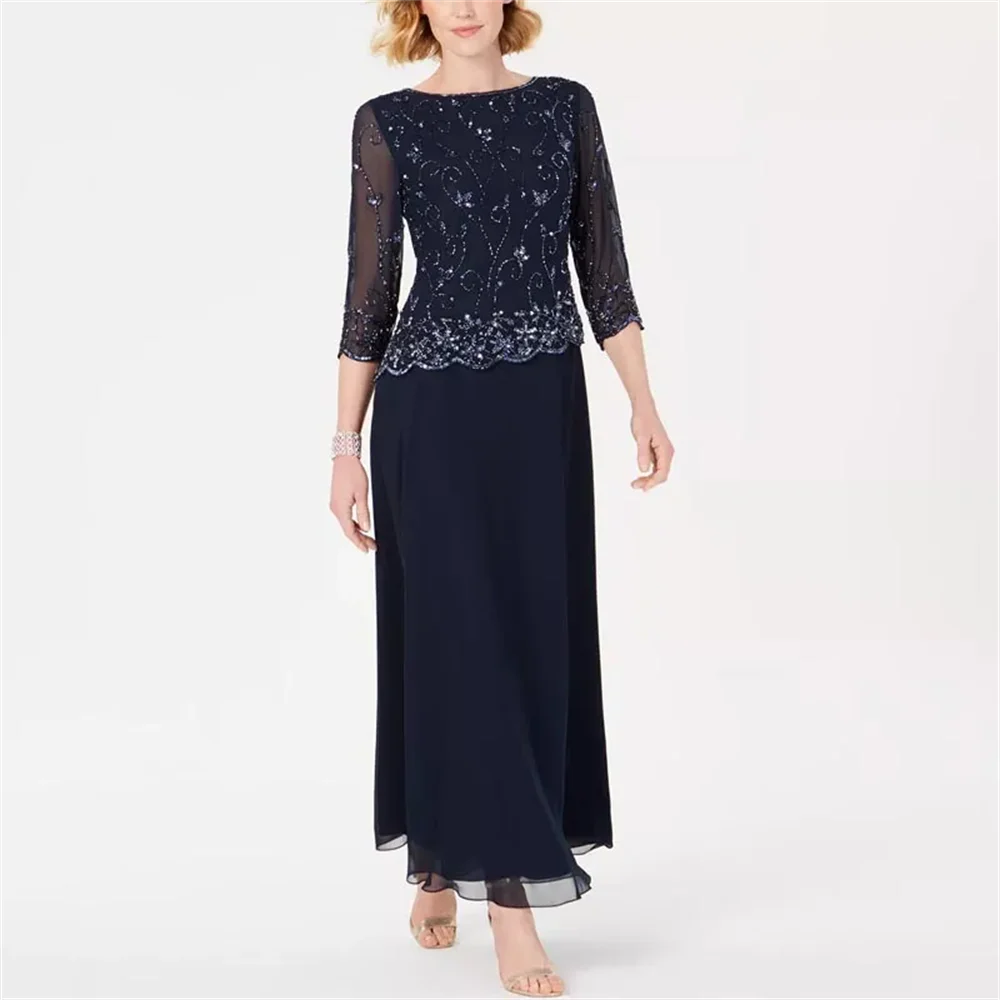 Navy Blue Beads Crystals Mother of the Bride Dresses 3/4 Sleeve Ankle Length Wedding Guest Dress A Line Prom Party Go 1