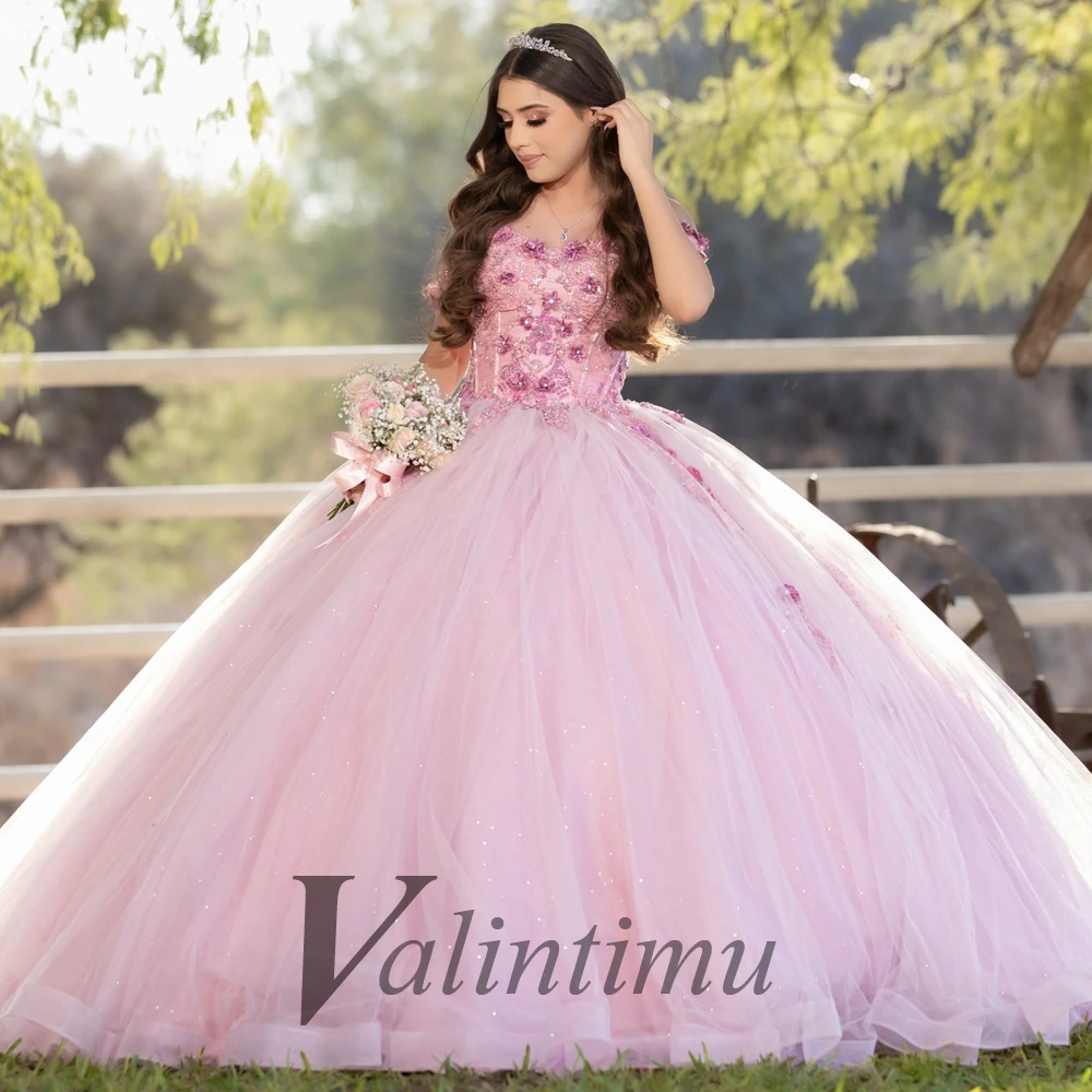 Valintimu Rhinestones Quinceanera Dresses for Girls Lace Appliques 3D Flower Bead Birthday Made To Order Vestidos 15 Quinceañera 1