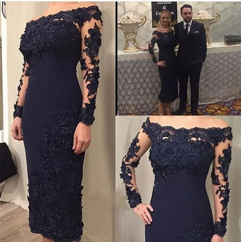 Romantic Mother Of The Bride Dresses Sheath Tea Length Long Sleeves Appliques Beaded Groom Wedding Evening Party Gowns HOT 1