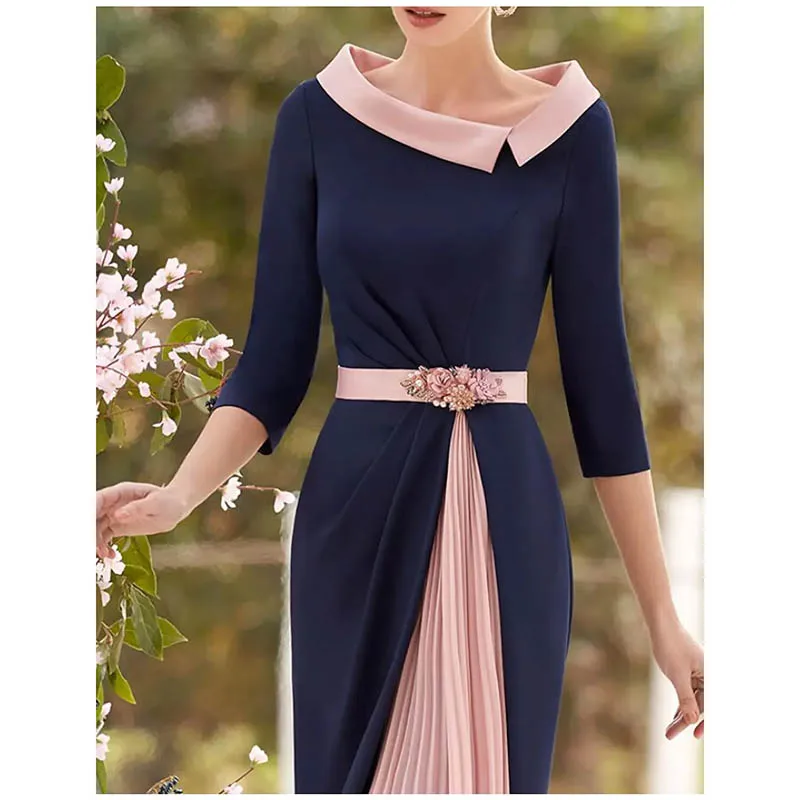 Stylish Contrast Color Mother Of The Bride Dresses Sheath Knee-Length Wedding Party Gown 3/4 Sleeve Decal Dresses For Women ﻿ 1