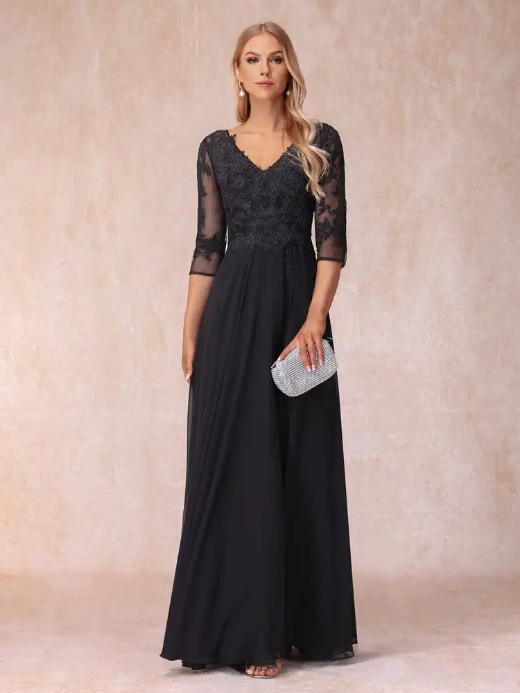 Elegant Chiffon Mother of the Bride Dresses 2024 Hot 3/4 Sleeves Applique Bead A Line Wedding Party Dress Evening Gown Big Size 1