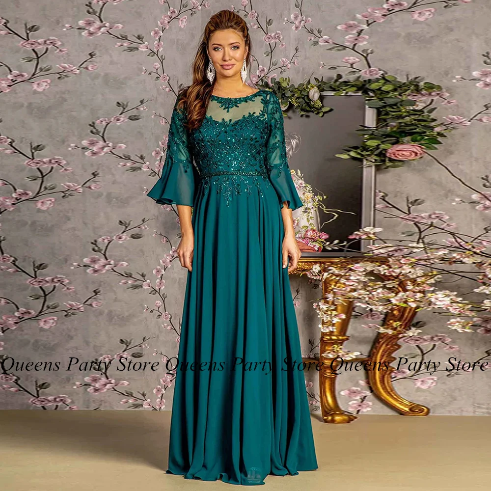 Mother of The Bride Dress Flare Sleeve Scoop Neck Beading Sequined Applique Chiffon Floor Length A Line Wedding Guest Gown 1