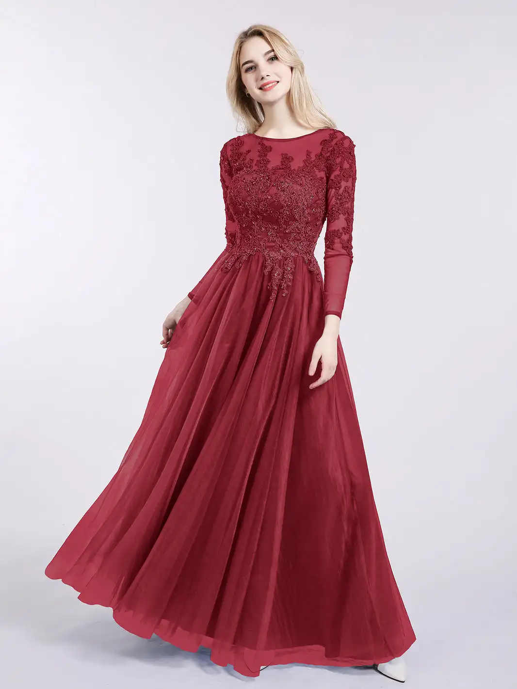 Tulle With Appliqued Mother of the Bride Dresses Long Sleeves Floor-lengthWedding Party Dress Evening Gown Big Size 1