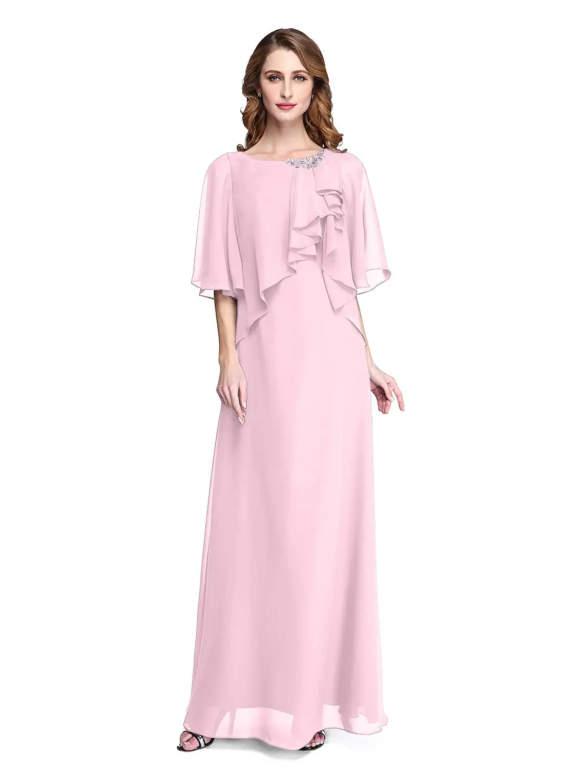 Pillar Mother of the Bride Gown Elegant Backless Jewel Neck Floor Length Chiffon Half Sleeves with Ruched Beaded Ruffles 1