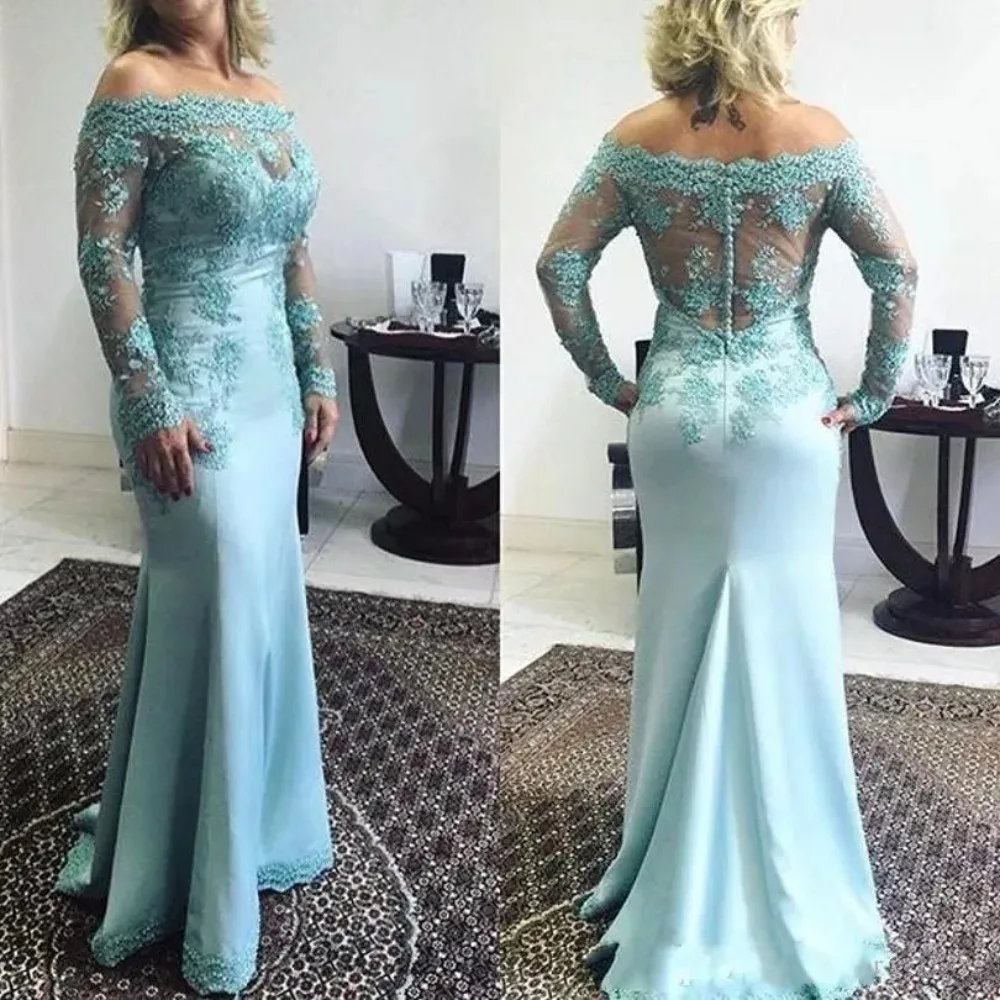 Turquoise Mermaid Mother Of The Bride Dresses Off Shoulder Appliques Long Sleeves Party Gowns Wedding Guest Dress 1