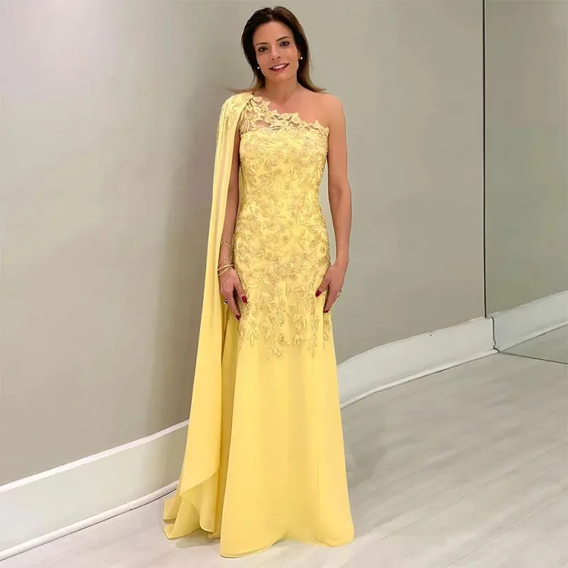 Classy Yellow Mermaid Mother Of The Bride Dresses Lace Appliqued Wedding Guest Dress One Shoulder Floor Length Evening Gowns 1