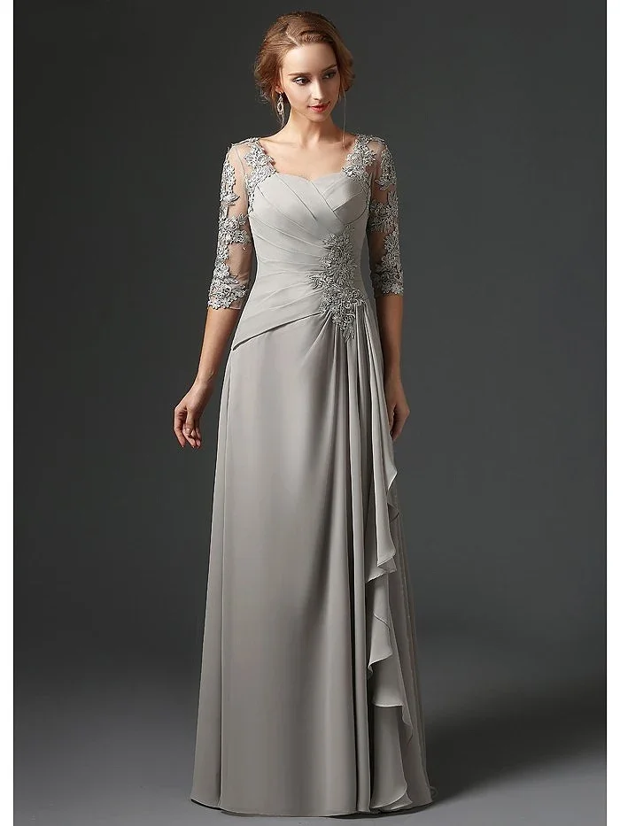 Silver 2023 Mother Of The Bride Dresses A-line 3/4 Sleeves Chiffon Lace Plus Size Long Elegant Groom Mother Dresses Wedding 1