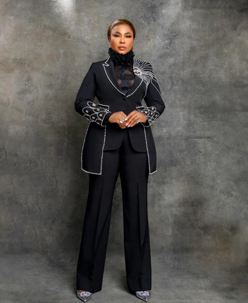 Luxury Black Crystals Women Suit Pants Set Blazer+Trousers 2 Piece Wedding Tuxedo Jacket Full Sleeves Tailored Office Lady Coat 1