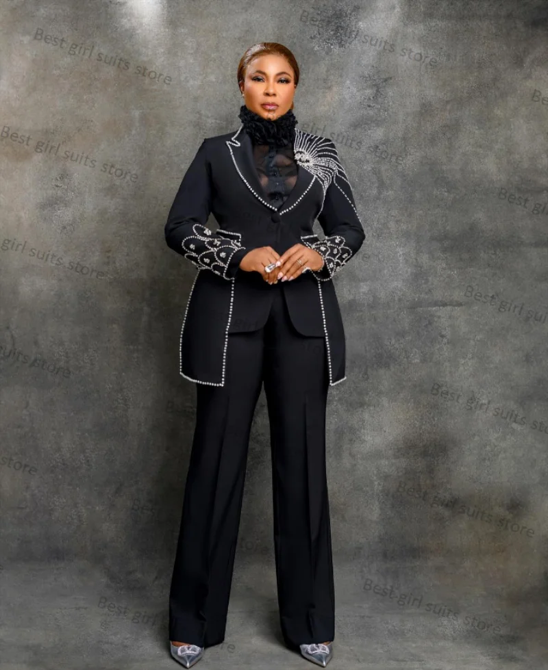 Crystals Black Women Suits Pants Set 2 Piece Jacket+Pants Formal Office Lady Blazer Wedding Prom Tailored Party Coat Trousers 1