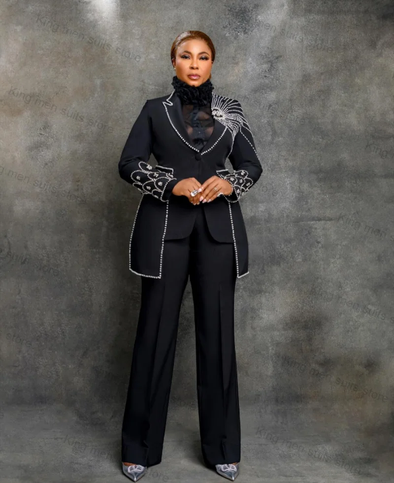 Luxury Crystal Women Suits Pants Set Wedding 2 Piece Blazer+Trousers Tuxedo Custom Size Black Office Lady Jacket Prom Dress 1