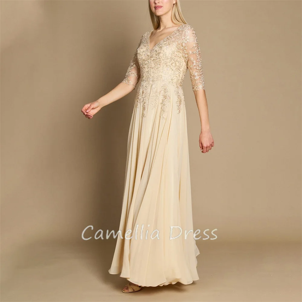 Elegant V Neck Mother Of The Bride Dress A Line Chiffon Lace Appliques Side Slit Formal Dresses Vestidos Mae Da Noiva Casamentos 1