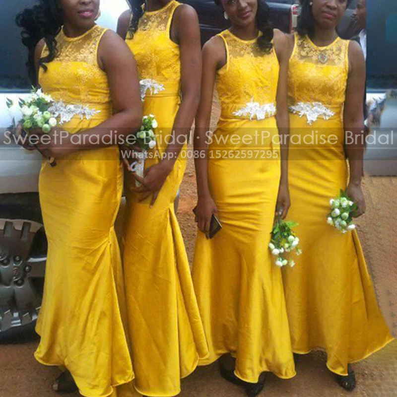 Gold Yellow Lace Mermaid Bridesmaid Dresses With Appliques Sheer Neck Sleeveless Long Trumpet Wedding Party Dress Maid Of Honor 1