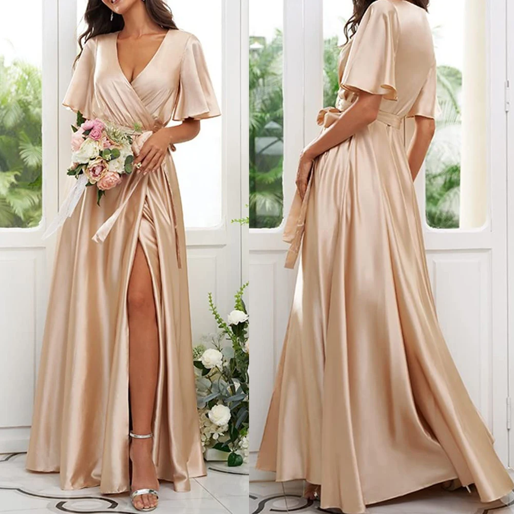 V  Neck Bridesmaid Dress Long A Line  فستان العروسة Robe de demoiselle d'honneurSatin Slit Formal Party Prom Dresses with Sleeve 1