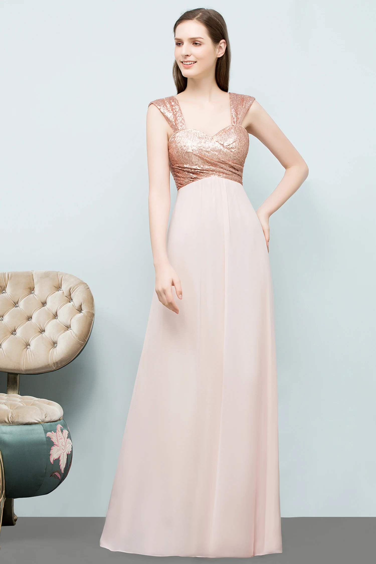 2024 A-line Chiffon Sequins Straps Bridesmaid Dresses Sweetheart Sleeveless Floor-Length Evening Dress Women Dress Prom Dress 1