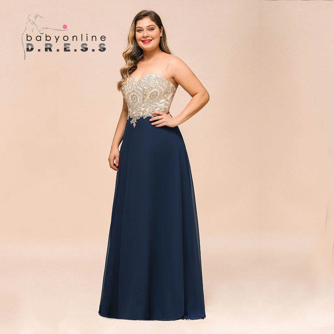 Navy Blue Bridesmaid Dresses Gold Lace Appqulies Top Illusion Neck A Line Evening Prom Gowns Garden Long Brides Chiffon Skirt 1