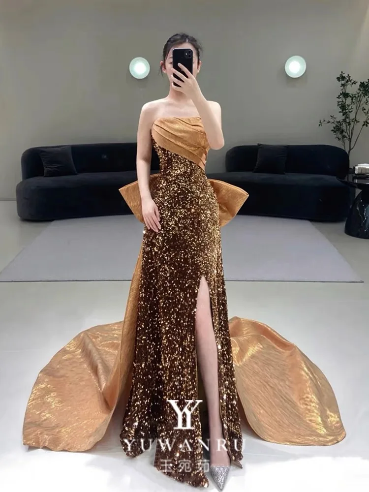 Mermaid Off Shoulder Prom Dresses Split Side Champagne Gold Glitter Sequins Strapless Beading Pageant Wedding Evening Party Gown 1