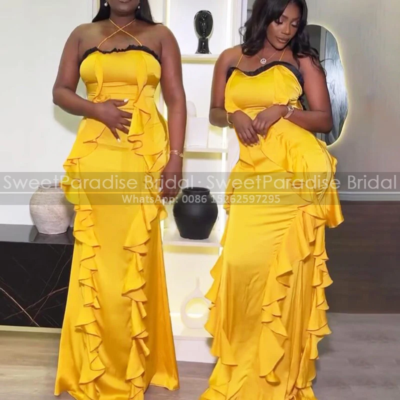 Gold Yellow Ruffles Mermaid Bridesmaid Dresses Long Criss Corss Back Plus Size Women Sheath Party Dress Maid Of Honor 1