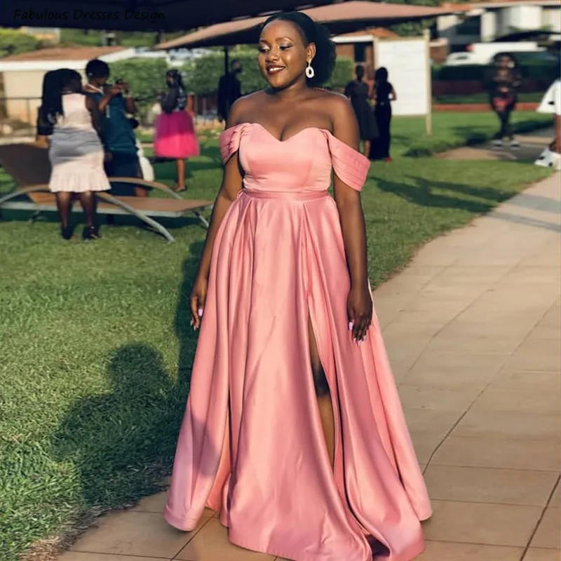 Satin Long A-line Bridesmaid Dresses Slit Off Shoulder Sweetheart Neck Wedding Guest Dress For African Women Prom Party Gown 1