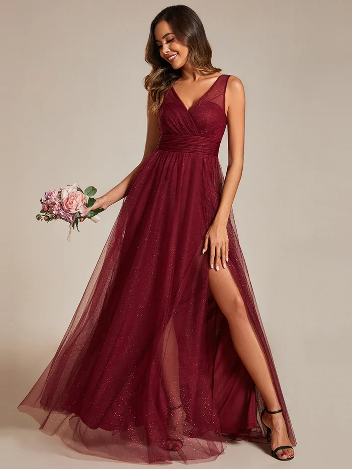 V-neck Maxi Spaghetti Strap Sequin Hollow tulle high-waist sleeveless high slit Bridesmaid Dress 1