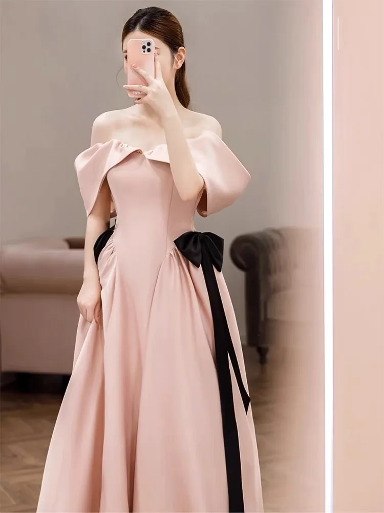 Sweet Pink Bridesmaid Dress Boat Neck Satin Strapless Off the Shoulder Ribbon Bow Wedding Prom Quinceanera Party Evening Gowns 1