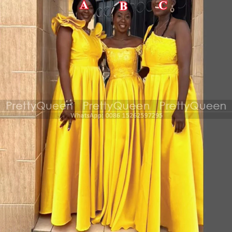 Plus Size Pleat A Line Bridesmaid Dresses Ruffles Sleeves Long Gold Yellow Satin Wedding Party Dress Maid Of Honor For Women 1