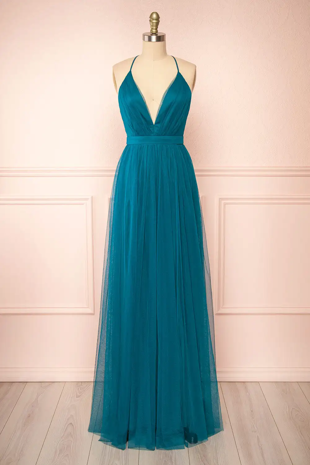 V-neck Spaghetti Straps Bridesmaid Dresses Tulle A-line Backless High Slit Pleated Wedding Party Dress Simple Evening Gowns Teal 1