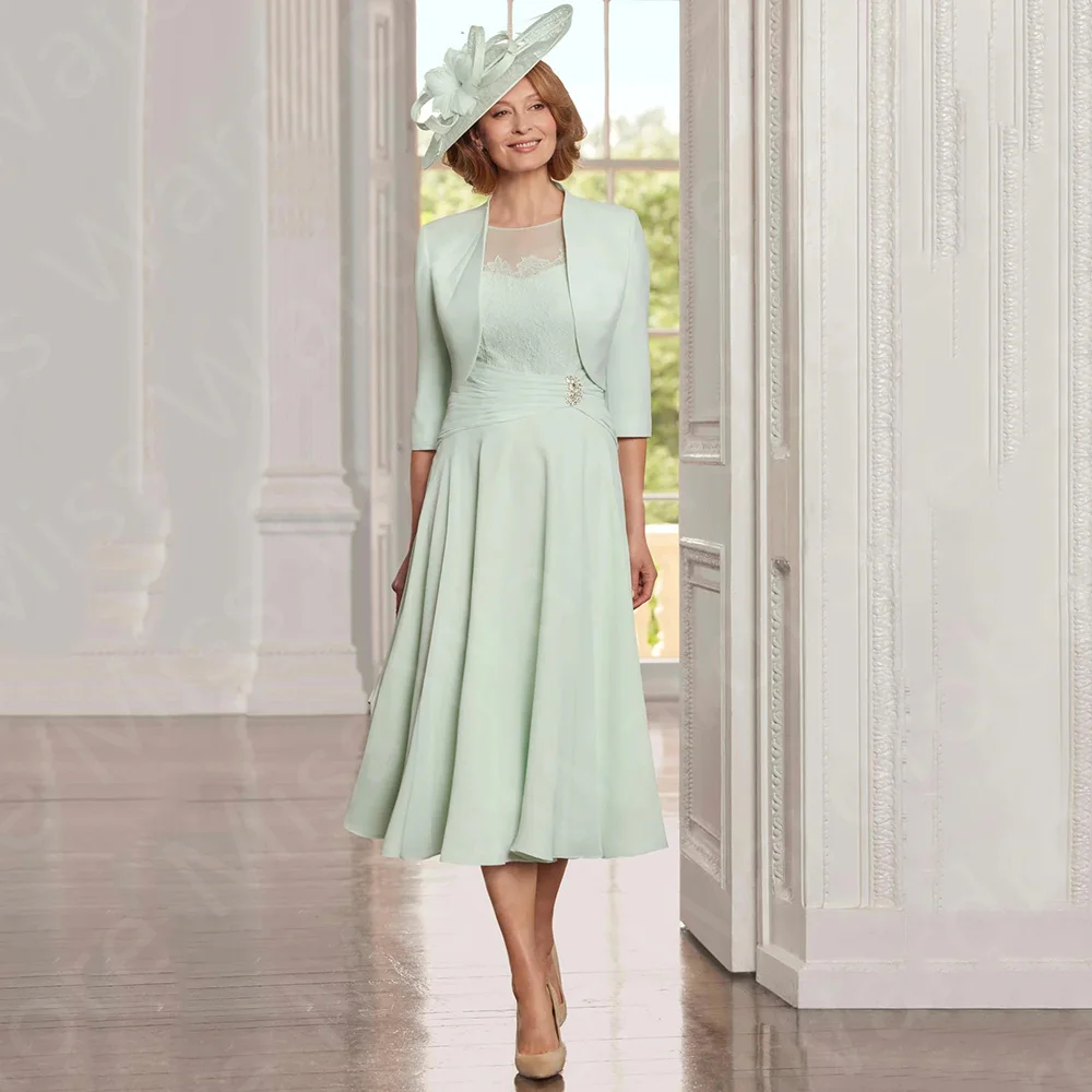 2024 Latest Mint Green Mother Dresses Tea Length Mother of the Bride Gowns with Jacket Wedding Party Gowns Lace Two Pieces 1