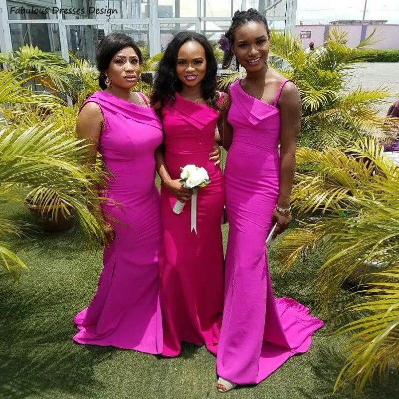 Formal Trumpet Bridesmaid Dresses Fuchsia Long Mermaid Sweep Train Wedding Guest Dress Party For Women Maid Of Honor 1