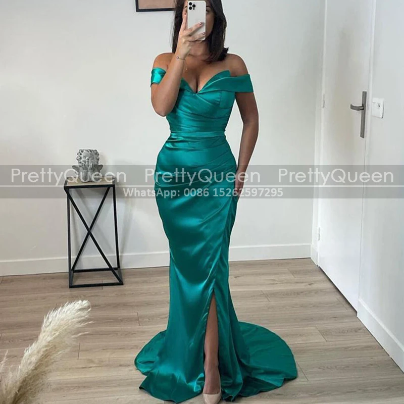 Trumpet Long Bridesmaid Dresses Off Shoulder Pleat Mermaid Side Split Floor Length Wedding Party Dress Maid Of Honor For Women 1