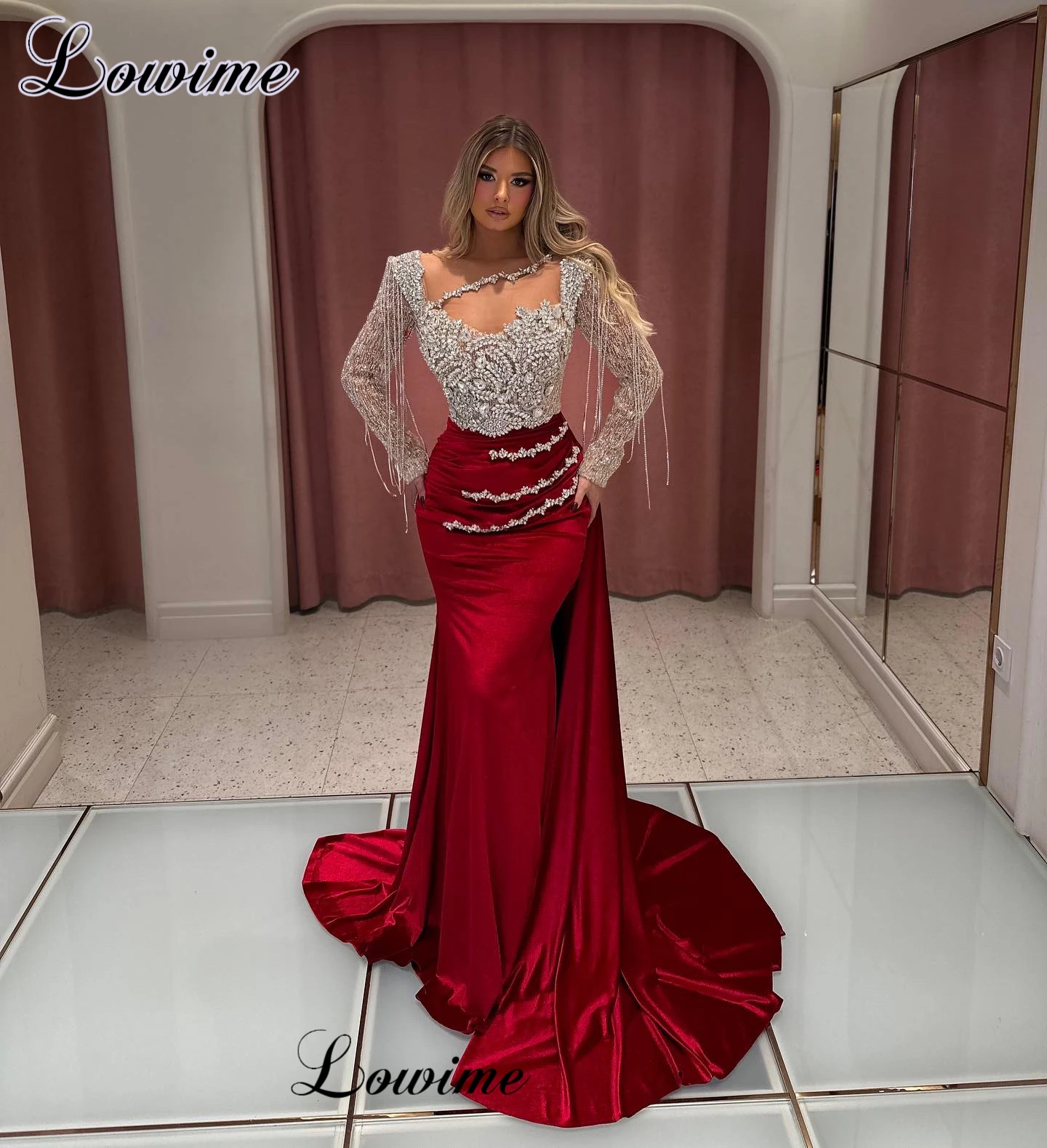 Vestidos De Gala New Fashion Celebrity Dresses Mermaid Long Sleeves Red Carpet Runway Dresses With Crystals Prom Dresses 1