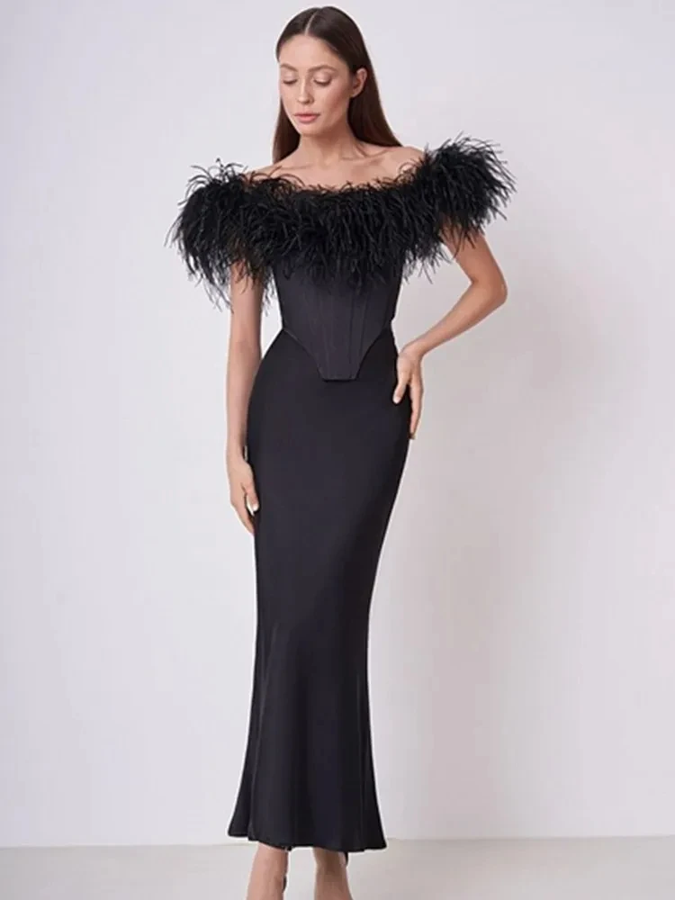 2024 Fashion Sexy Strapless Feathers Black Two Pieces Bandage Skirt Sets Women Outfit Celebrate Night Club Party Birthday Dress 1