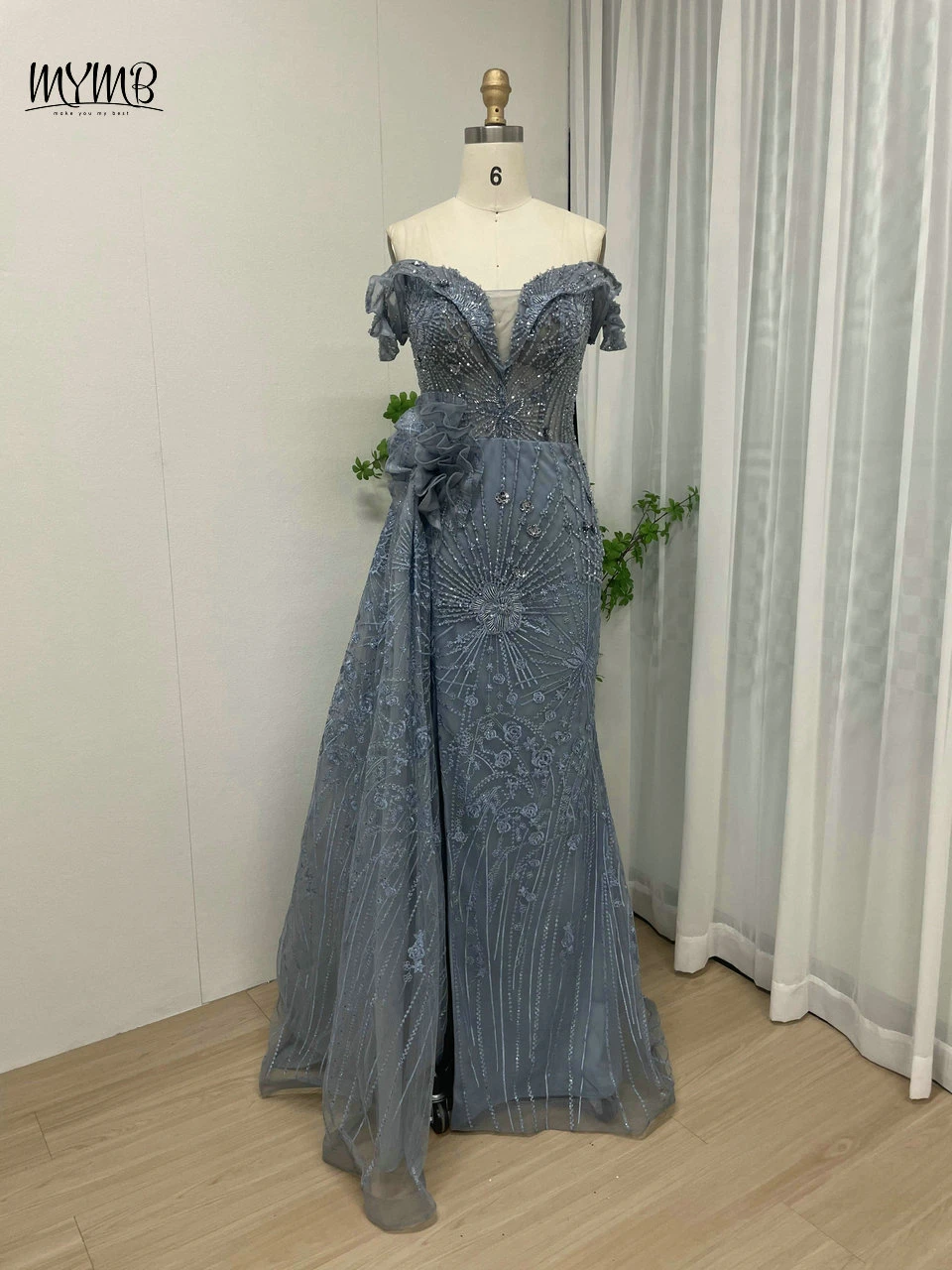 MYMB Blue Exclusive 3D Flowers Mermaid Dubai Wedding Party Gowns Luxury Beaded High Split Evening Dresses for Women Celebrity 1