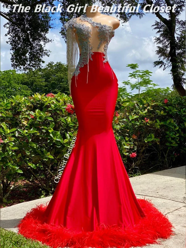 Luxury Red Sexy Cocktail Dresses Black Girls Sexy Tassel Pearl One Shoulder Sleeve Party Dresses Feather Mermaid Dresses 1