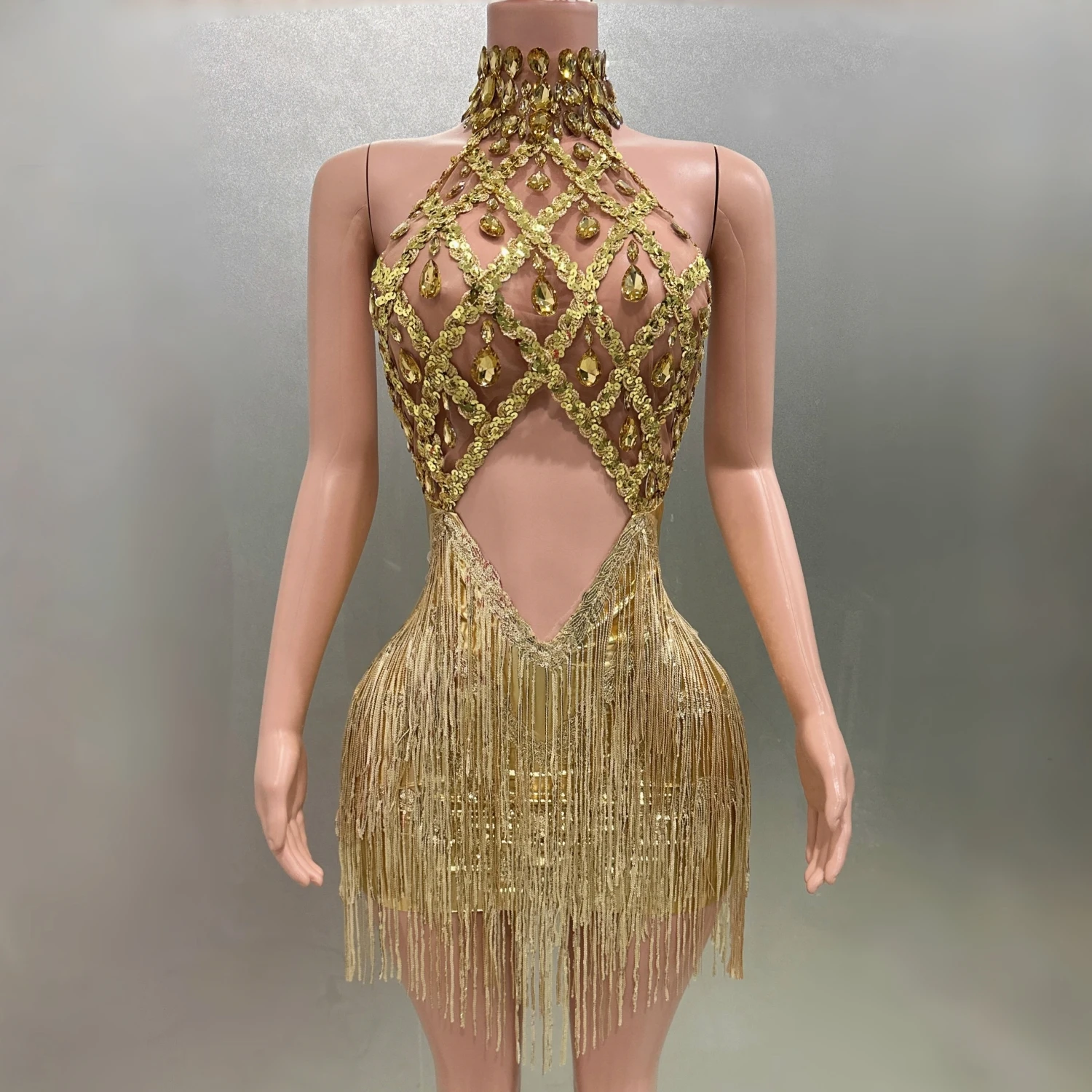 Gold Color Rhinestones Tassels Women Sexy Halter Backless Mini Dress See Through Sexy Nightclub Party Celebrate Birthday Dress 1